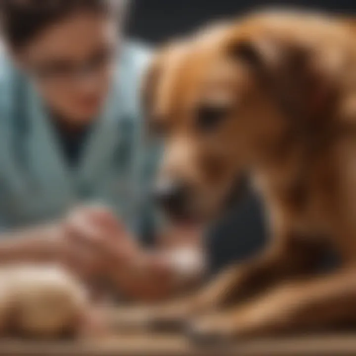 A dog with a medical professional examining its belly