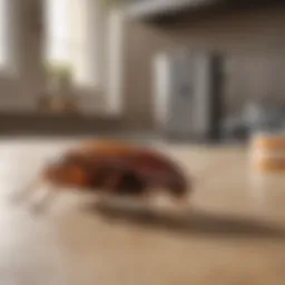 Close-up of a cockroach in a kitchen setting, emphasizing the need for cleanliness.