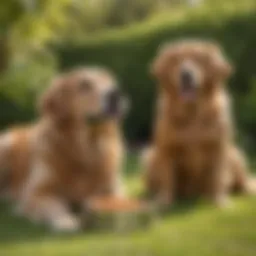 A golden retriever enjoying a bowl of senior dog food in a sunny garden