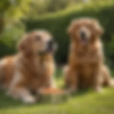 A golden retriever enjoying a bowl of senior dog food in a sunny garden