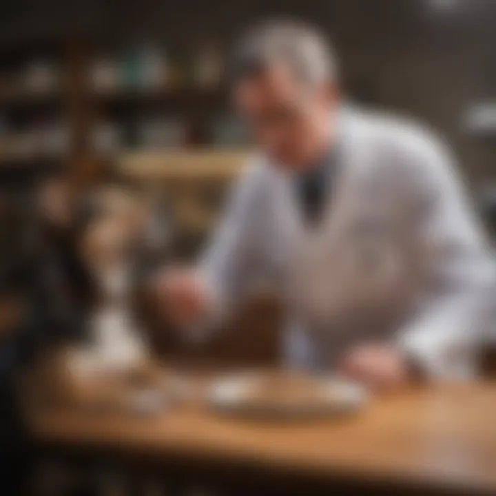 A veterinarian consulting with a dog owner about senior pet nutrition