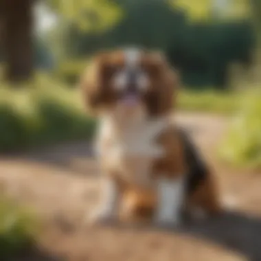 A happy Cavalier King Charles Spaniel sitting in a sunny park