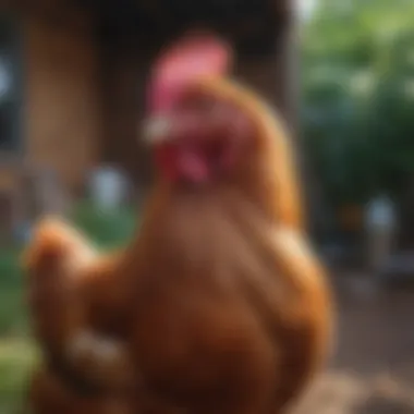 Healthy Rhode Island Red hen in a backyard coop