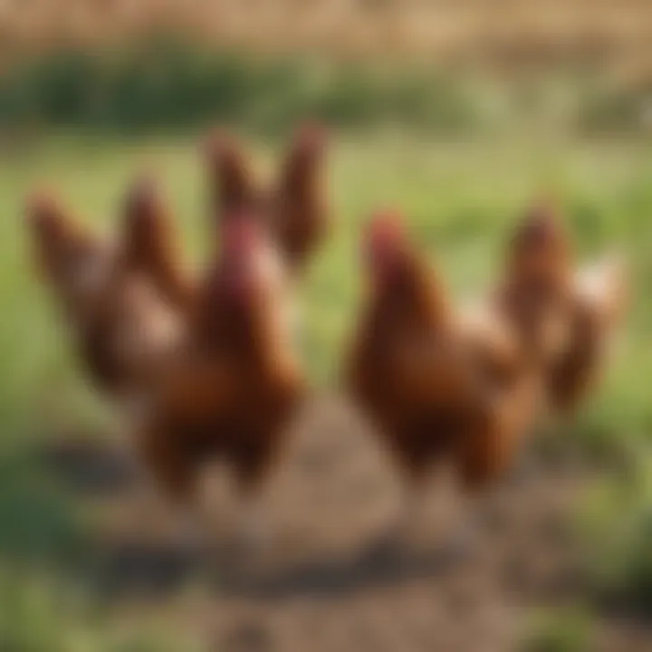 Rhode Island Red chickens foraging in a sunny field