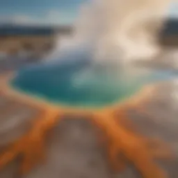 A panoramic view of Yellowstone's geothermal features, showcasing vibrant hot springs and steaming fumaroles.