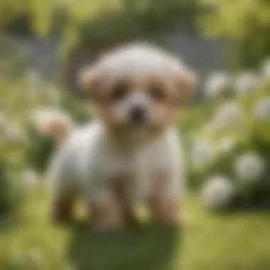 Yorkie Bichon puppies playing together in a sunny garden.