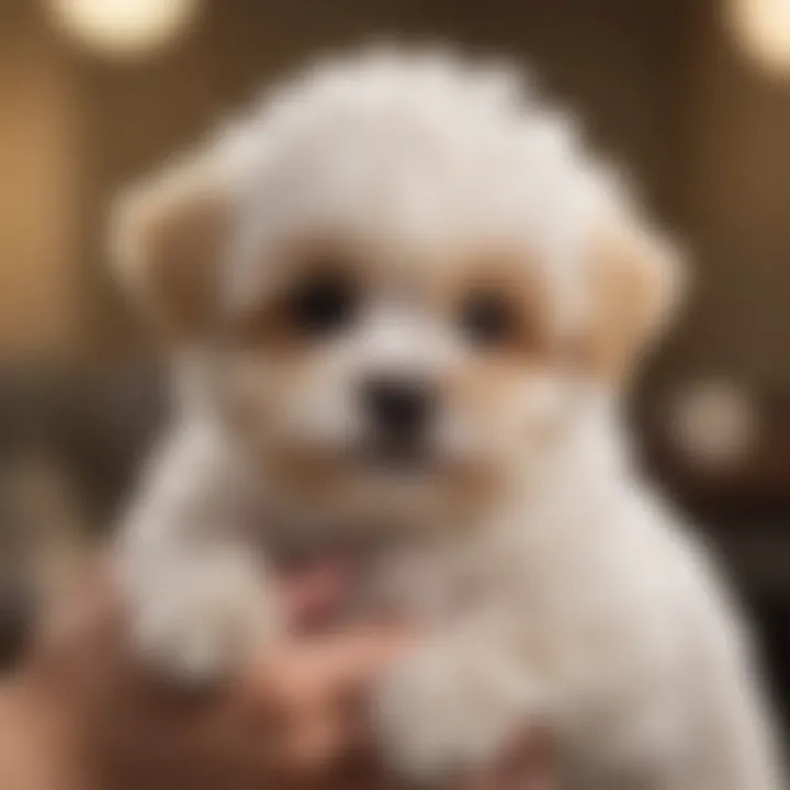 Yorkie Bichon puppy being gently held by a child.